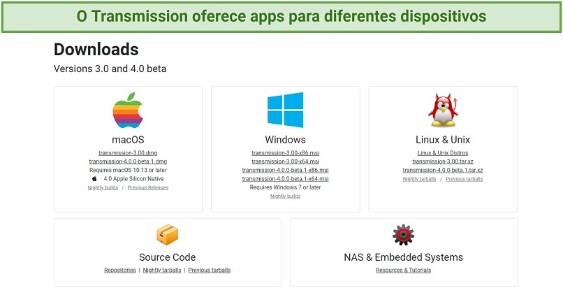 A screenshot showing Transmission has native apps for different devices