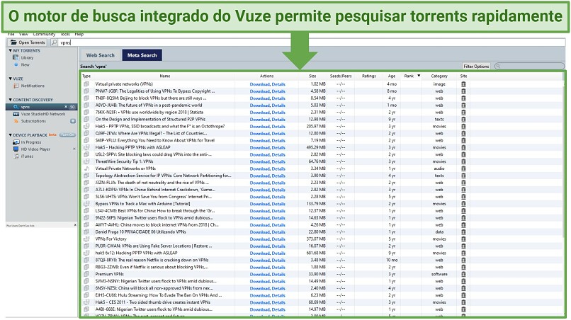 A screenshot showing you can quickly search for torrents with Vuze's built-in search engine