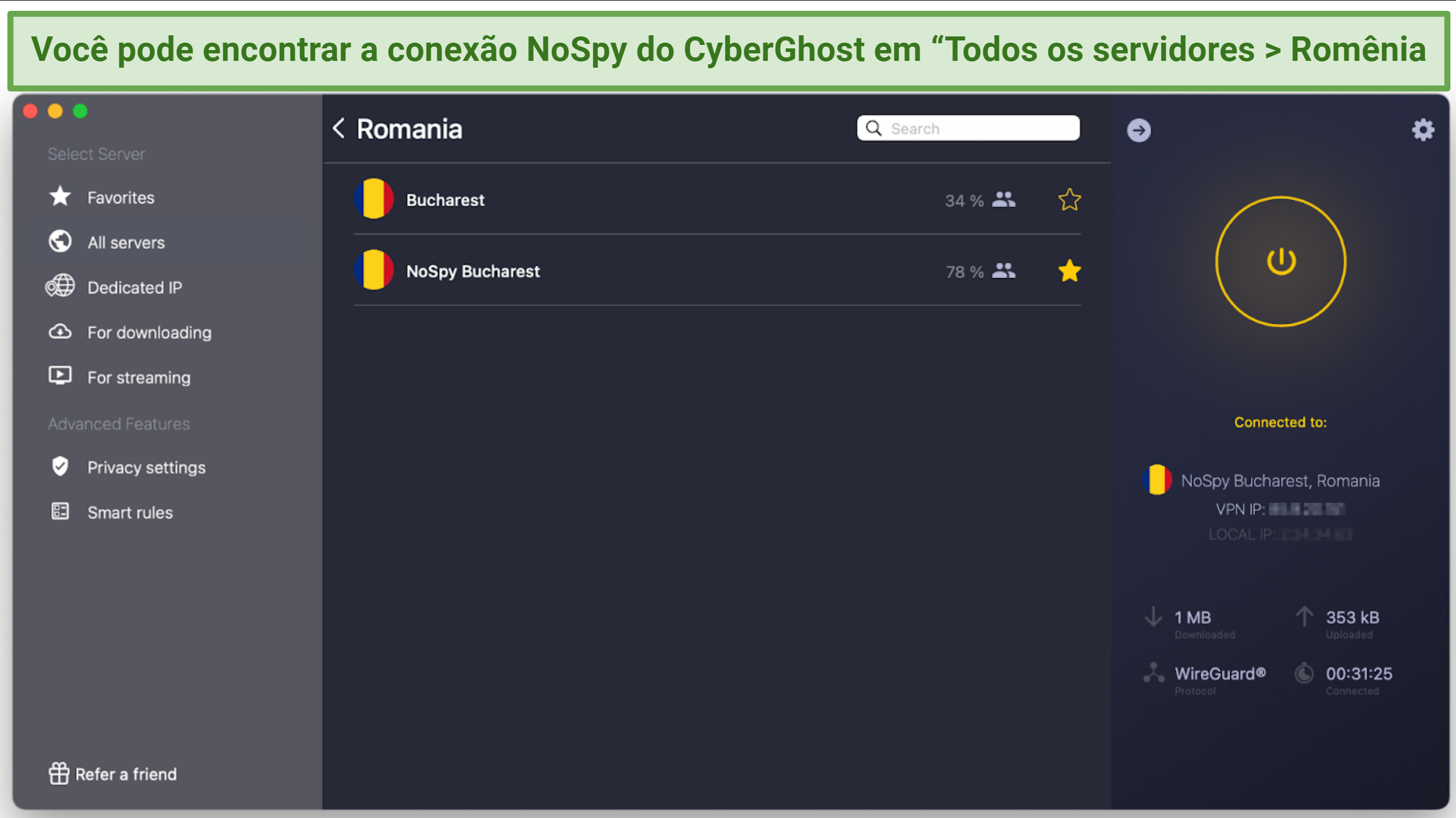 Imagem mostrando como encontrar a conexão privada NoSpy no aplicativo CyberGhost