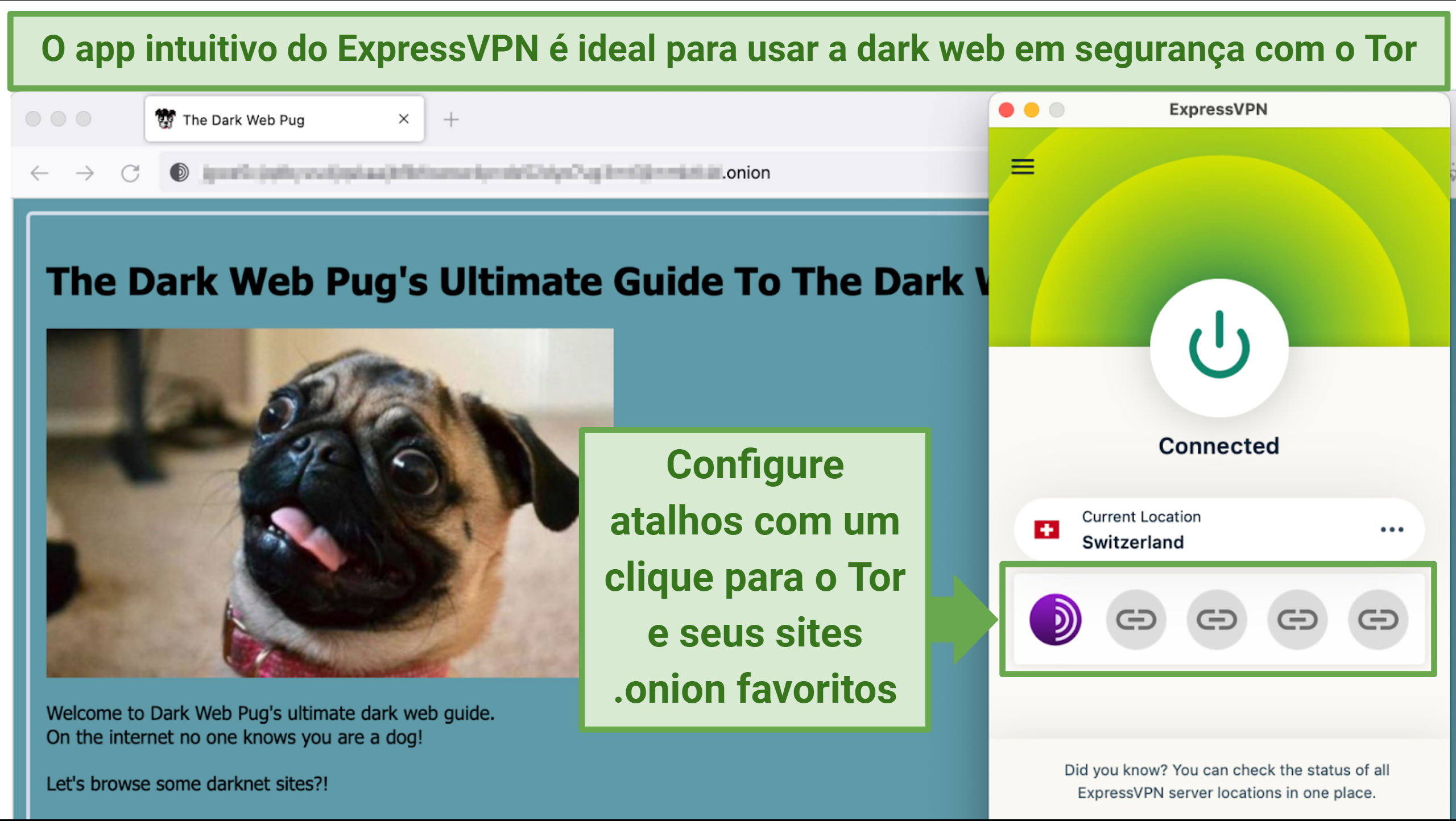 Captura de tela mostrando um site da dark web no navegador Tor com o aplicativo ExpressVPN conectado a um servidor na Suíça