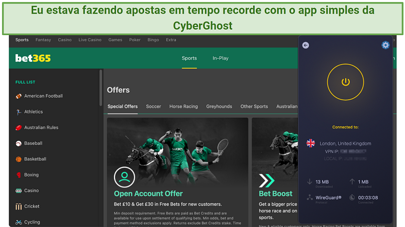 Screenshot of the CyberGhost app connected to a UK server over the bet365 homepage