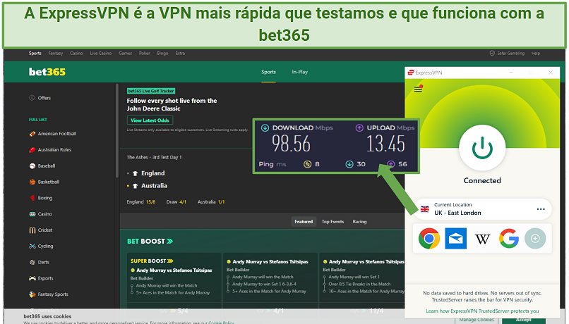 Screenshot of the ExpressVPN app connected to a UK server over an online speed test while unblocking bet365