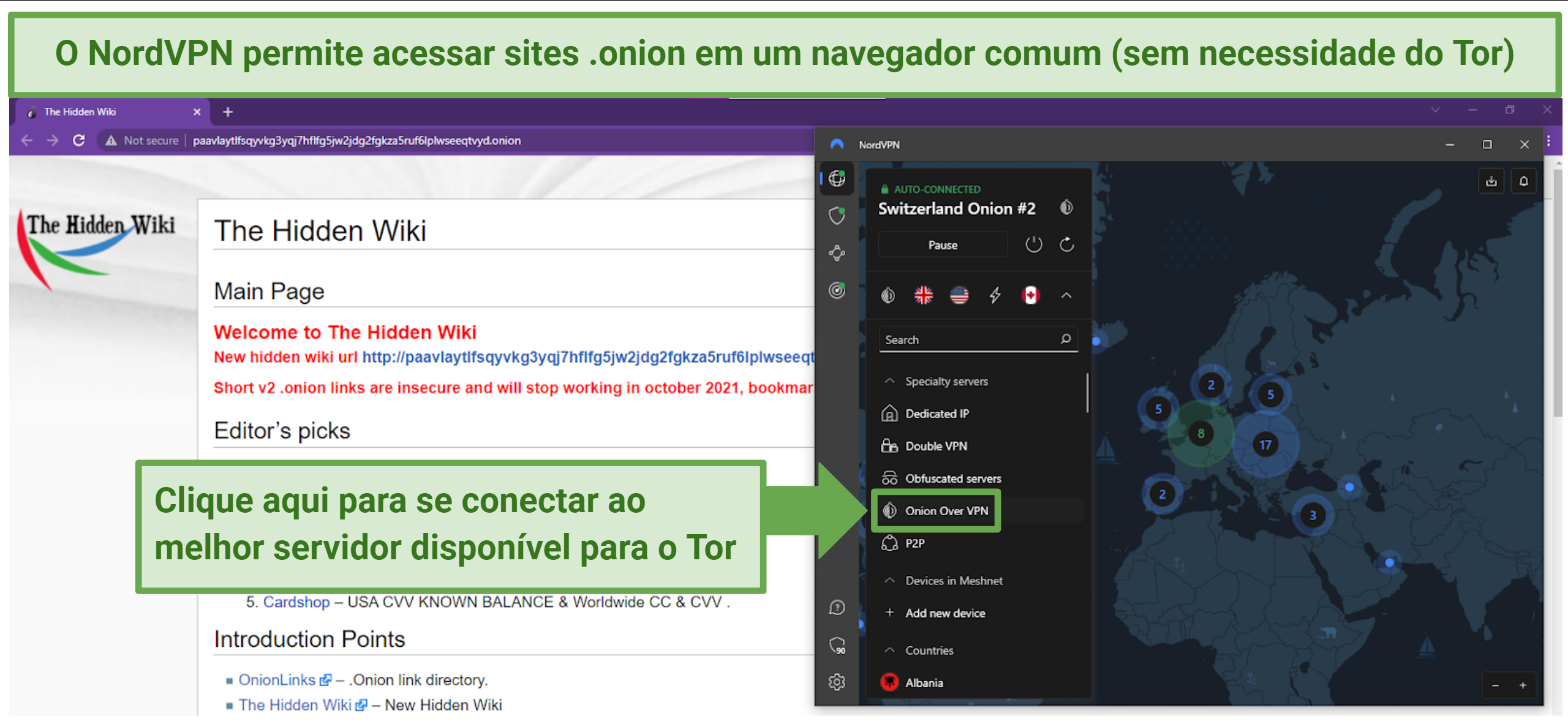Captura de tela mostrando uma janela do navegador Chrome acessando um site onion da dark web com o servidor Onion Over VPN da NordVPN