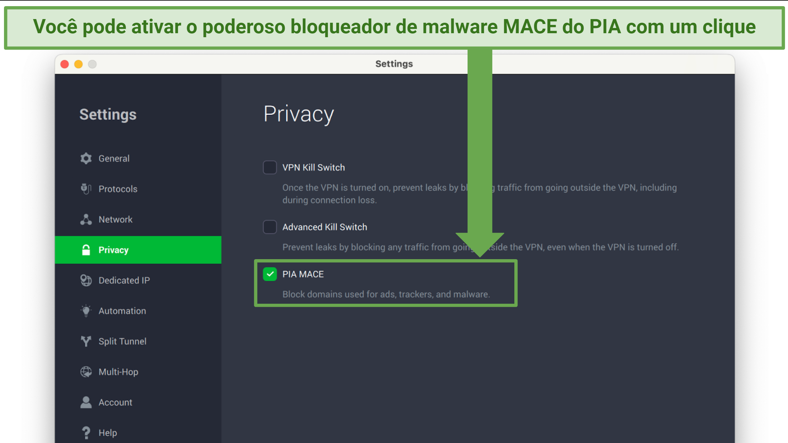 Captura de tela mostrando como ativar o MACE nas configurações do PIA