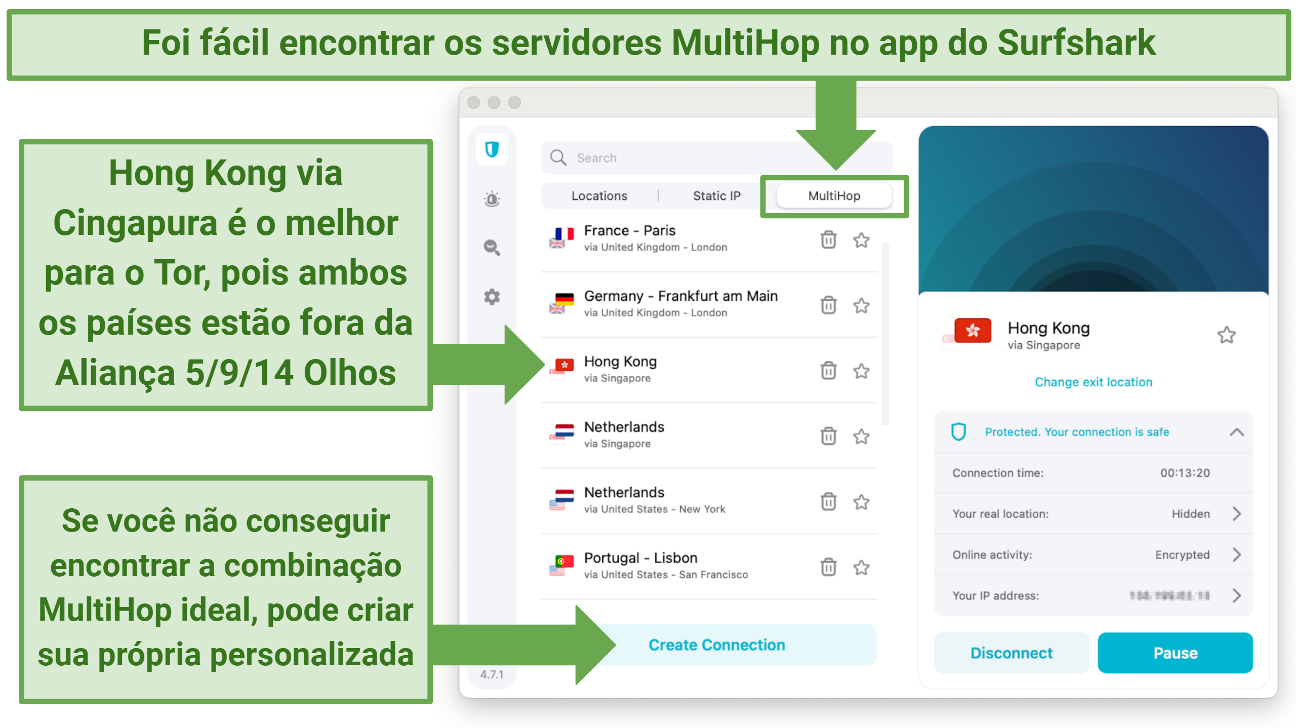 Imagem mostrando o app Surfshark com servidores double-VPN MultiHop