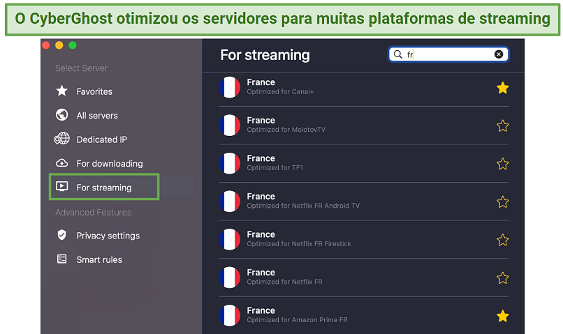 Screenshot of CyberGhost streaming-optimized servers