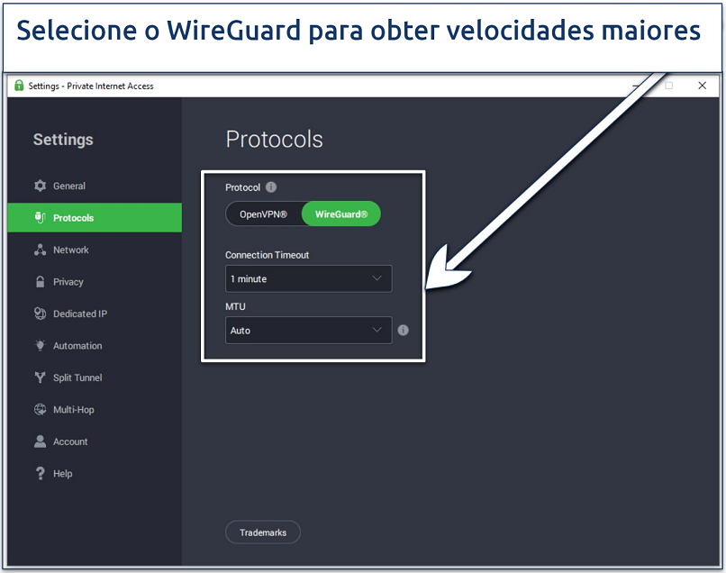 Screenshot of the PIA Windows app showing the protocol selection option