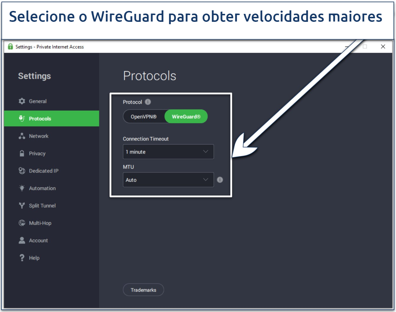Screenshot of the PIA Windows app showing the protocol selection option