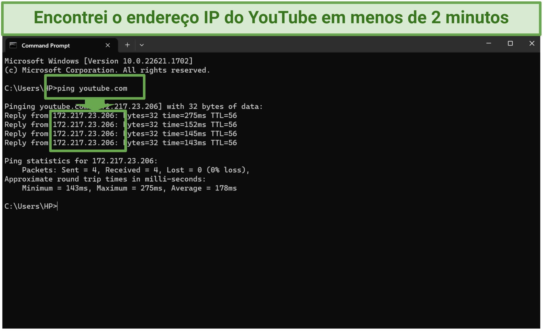 A screenshot showing how to find a website's IP address using the Windows Command Prompt program