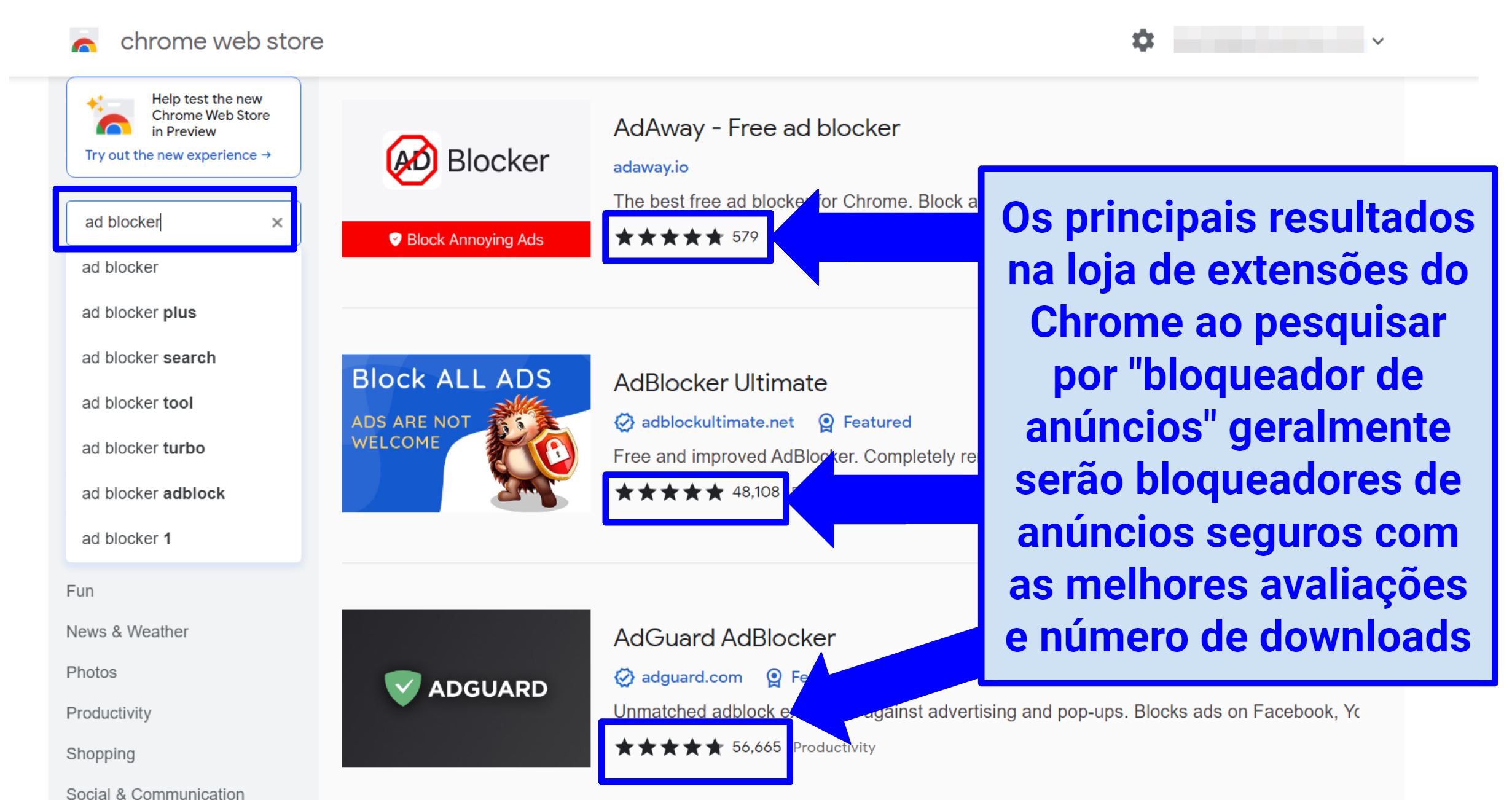 Captura de tela mostrando como procurar um bloqueador de anúncios confiável na loja do Chrome