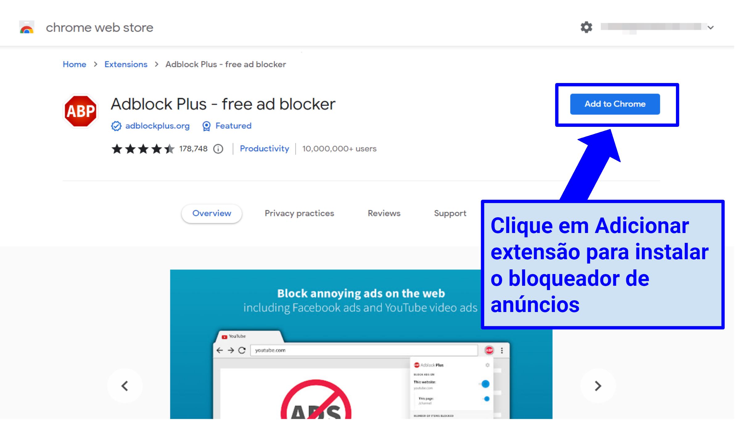Captura de tela mostrando como adicionar um bloqueador de anúncios (Adblock Plus) ao Chrome