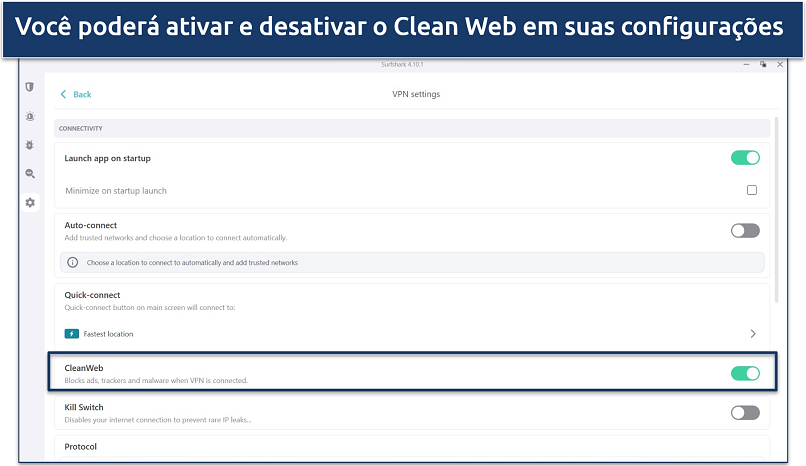 A screenshot of Surfshark's settings showing the CleanWeb ad blocker enabled