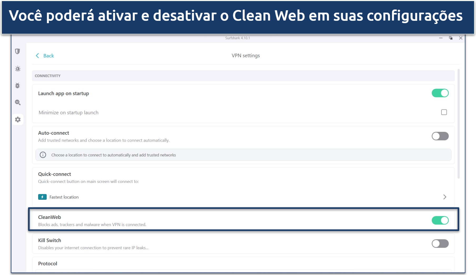 A screenshot of Surfshark's settings showing the CleanWeb ad blocker enabled