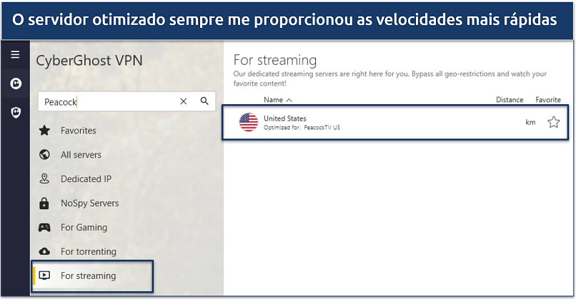 A screenshot of CyberGhost's app showing the optimized server for Peacock TV