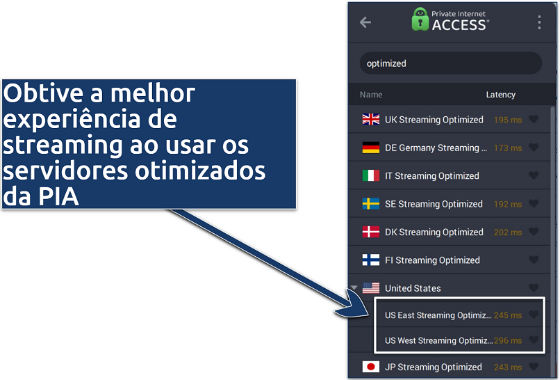Screenshots of PIA server list showing the servers optimized for streaming