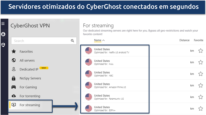 A screenshot showing CyberGhost offers specialized servers for streaming