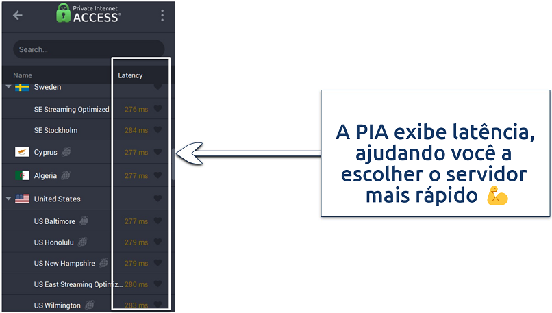 A screenshot showing Private Internet Access (PIA) makes it a breeze to choose a server for streaming with low latency