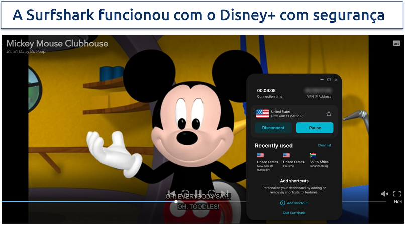 A screenshot of Disney+ streaming Mickey Mouse Clubhouse while connected to Surfshark's US server