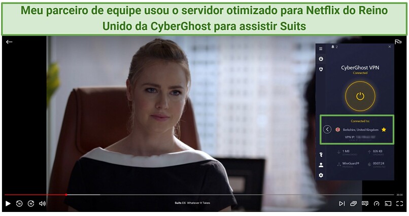 Screenshot of streaming Suits on Netflix UK using CyberGhost's Netflix UK optimized server