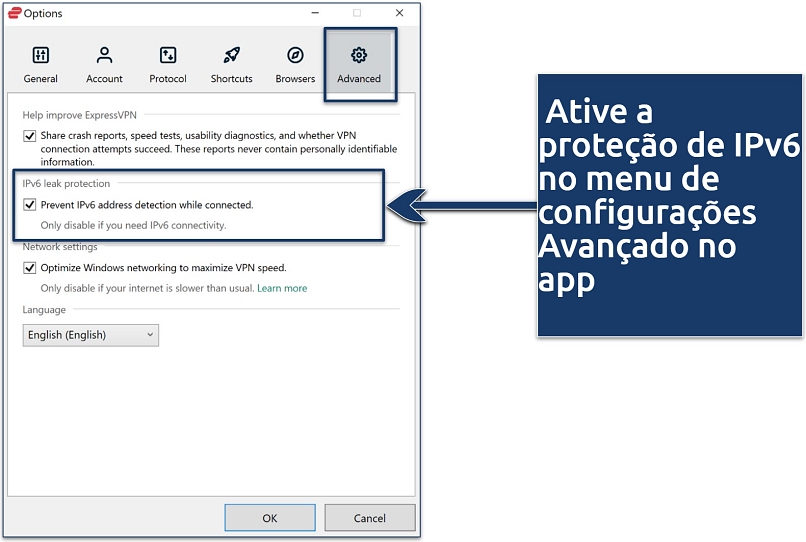 Screenshot showing how to activate ExpressVPN's IPv6 leak protection