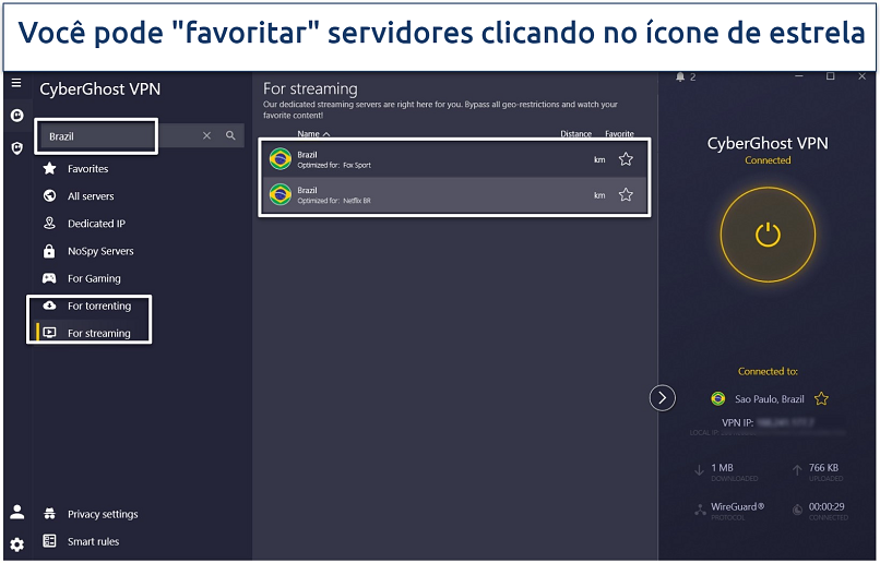 A screenshot of CyberGhost's Windows app with its Brazil streaming servers.