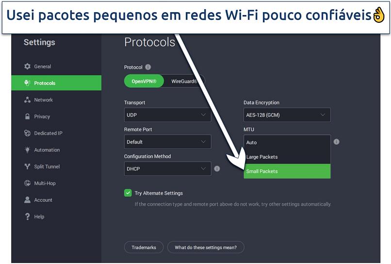 A screenshot of PIA's protocol connection settings