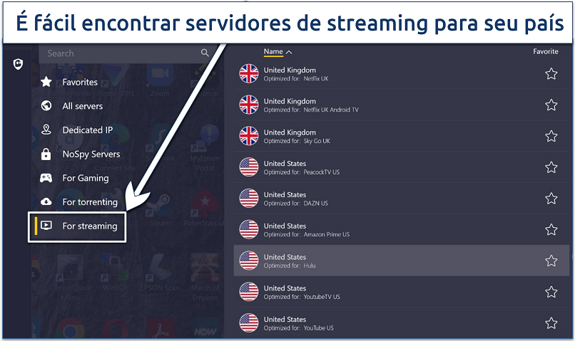 Screenshot of CyberGhost's streaming servers