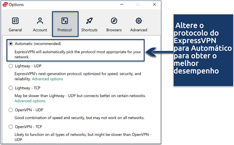 Screenshot showing how to change protocol in ExpressVPN