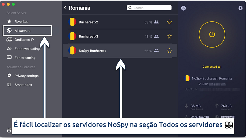 Screenshot of the NoSpy servers on CyberGhost's desktop app