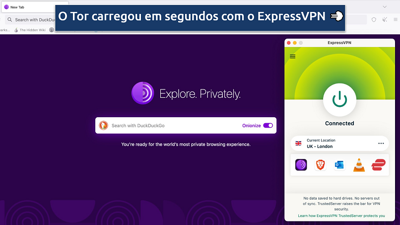 Screenshot of the ExpressVPN app connected to a UK server over Tor browser