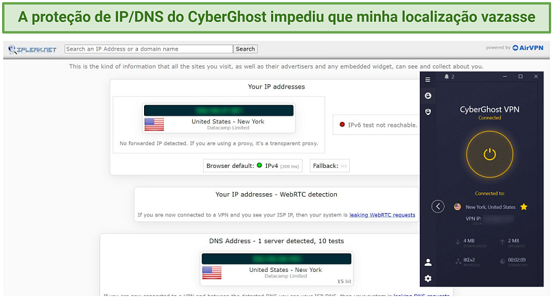 Screenshot of CyberGhost's security features prevent location leaks