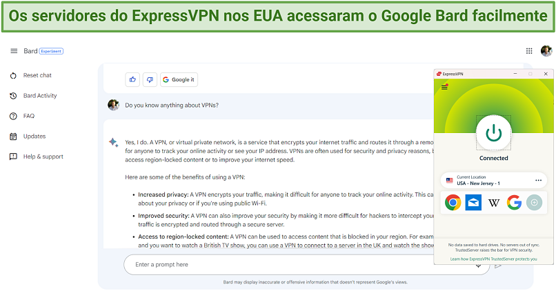 Screenshot of ExpressVPN successfully unblocking Google Bard