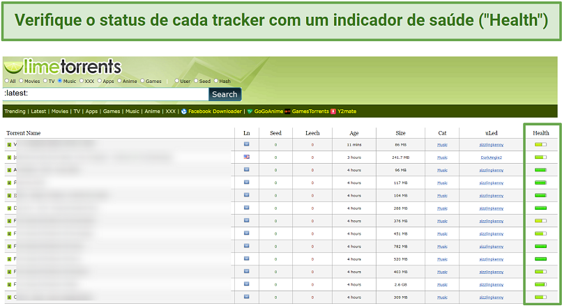 Screenshot of LimeTorrents audio tracker list