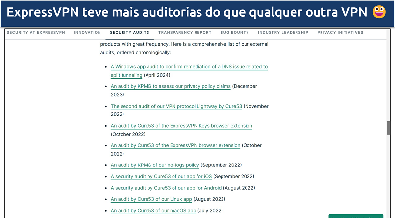 Screenshot of ExpressVPN's website showing its independent audits list