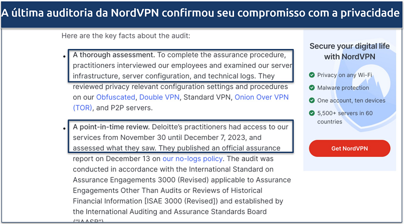 Screenshot of NordVPN's statement about its attest audit