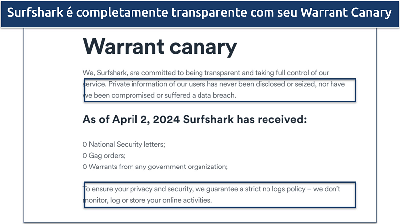 Screenshot of Surfshark's warrant canary