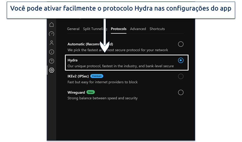 Screenshot showing how to enable Hydra protocol