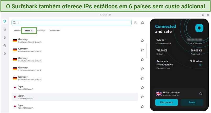 Screenshot of Surfshark's Windows interface, showing a list of its Static IPs