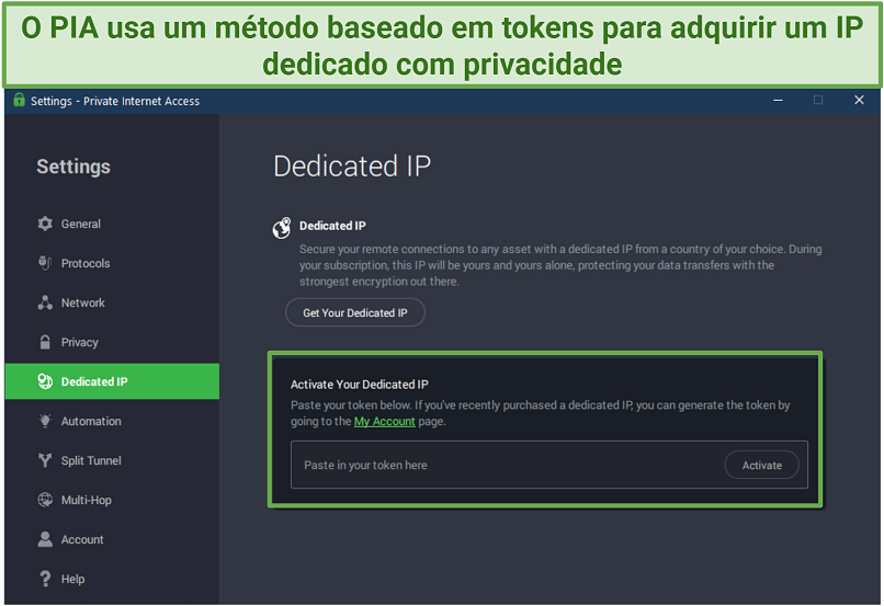 Screenshot of PIA's Dedicated IP token activation page on Windows app