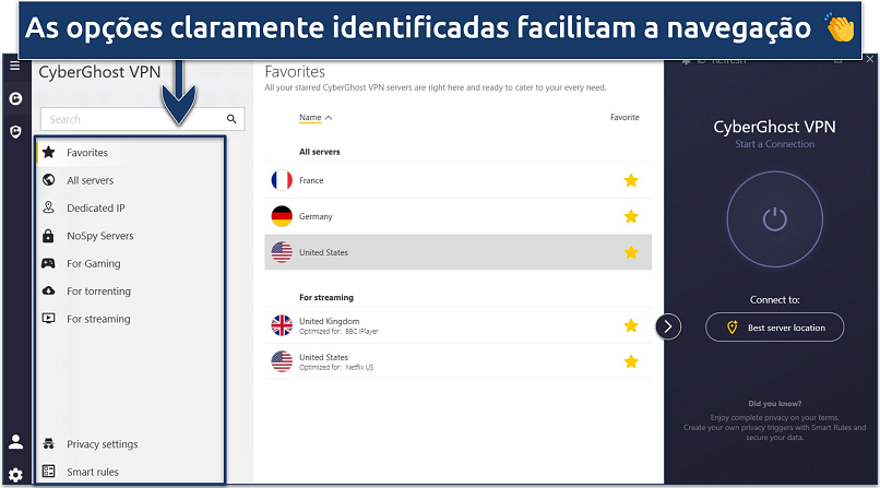 Captura de tela mostrando a CyberGhost com opções de menu claramente identificadas