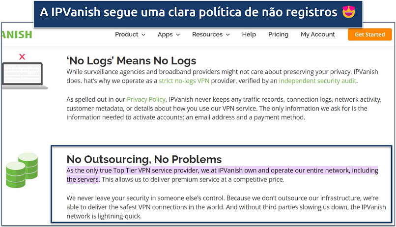 Uma captura de tela mostrando a política de não registros da IPVanish