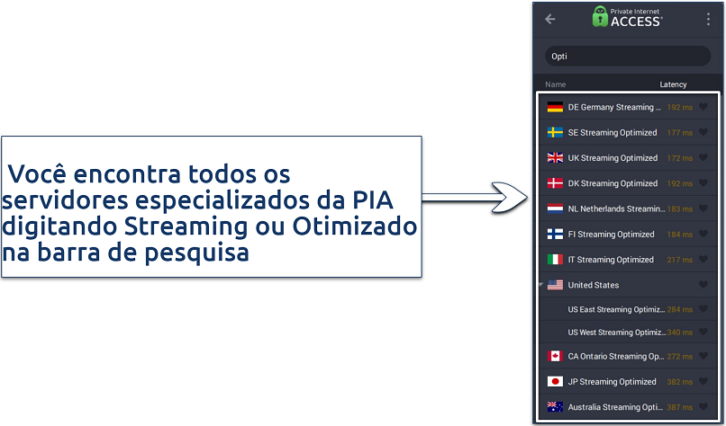 Uma captura de tela mostrando que a Private Internet Access possui servidores otimizados para streaming