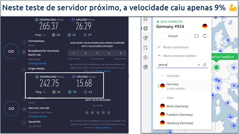 Um screenshot dos testes de velocidade da Ookla realizados enquanto conectado ao servidor da NordVPN na Alemanha e sem VPN conectada