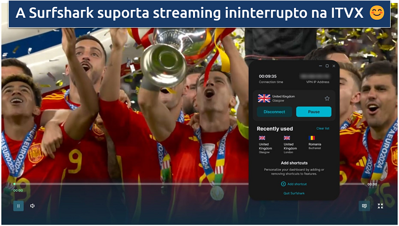 Uma captura de tela da final do Euros 2024 na ITVX: Espanha vs. Inglaterra, enquanto conectado ao servidor do Reino Unido da Surfshark.