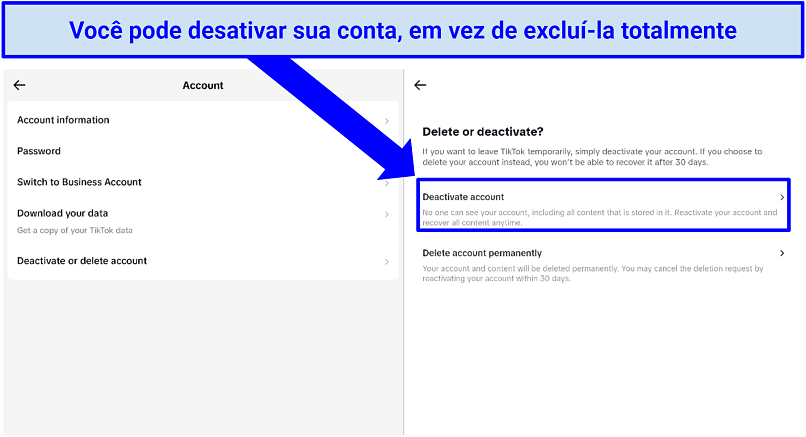 Pictures of TikTok account deactivation option