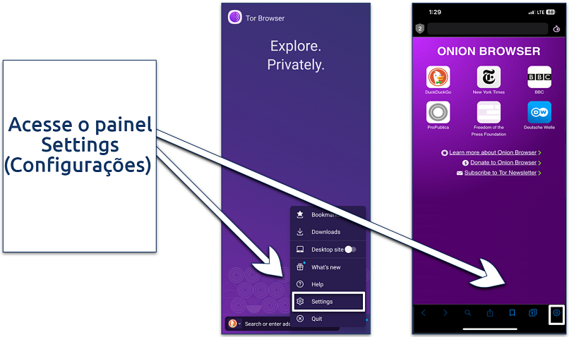 Screenshot of the settings button for Tor Browser and Onion Browser