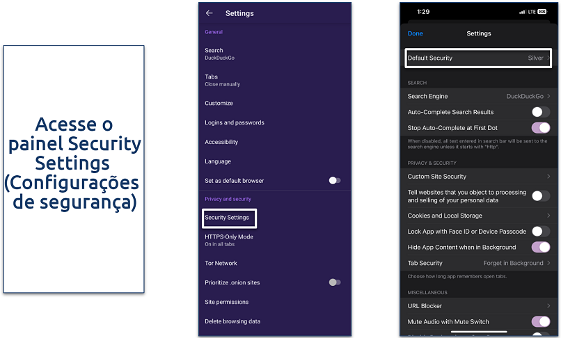 Screenshot of the security settings button for Tor Browser and Onion Browser