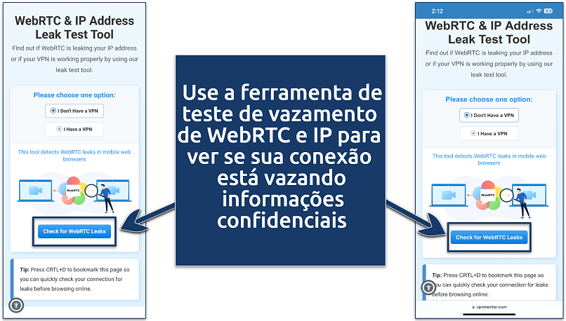 Screenshot of VpnMentor's WebRTC and IP address leak test tool