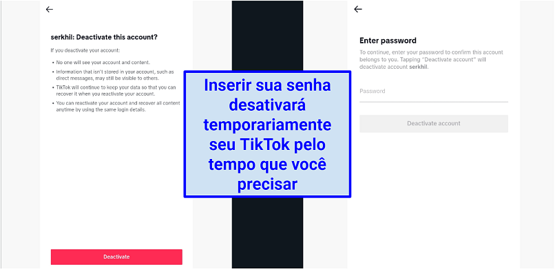 Screenshots of TikTok account deactivation