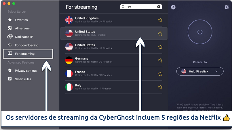 Screenshot showing the specialty Fire device servers on the CyberGhost app